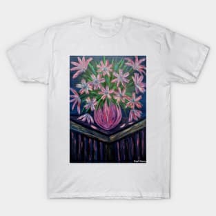 A beautiful bouquet of abstract flowers in a stunning vase on a table T-Shirt